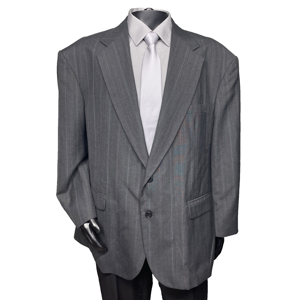 Vtg Towncraft Men Suit Jacket 52R Gray w/Blue Purple Pinstripe Wool Blend Career